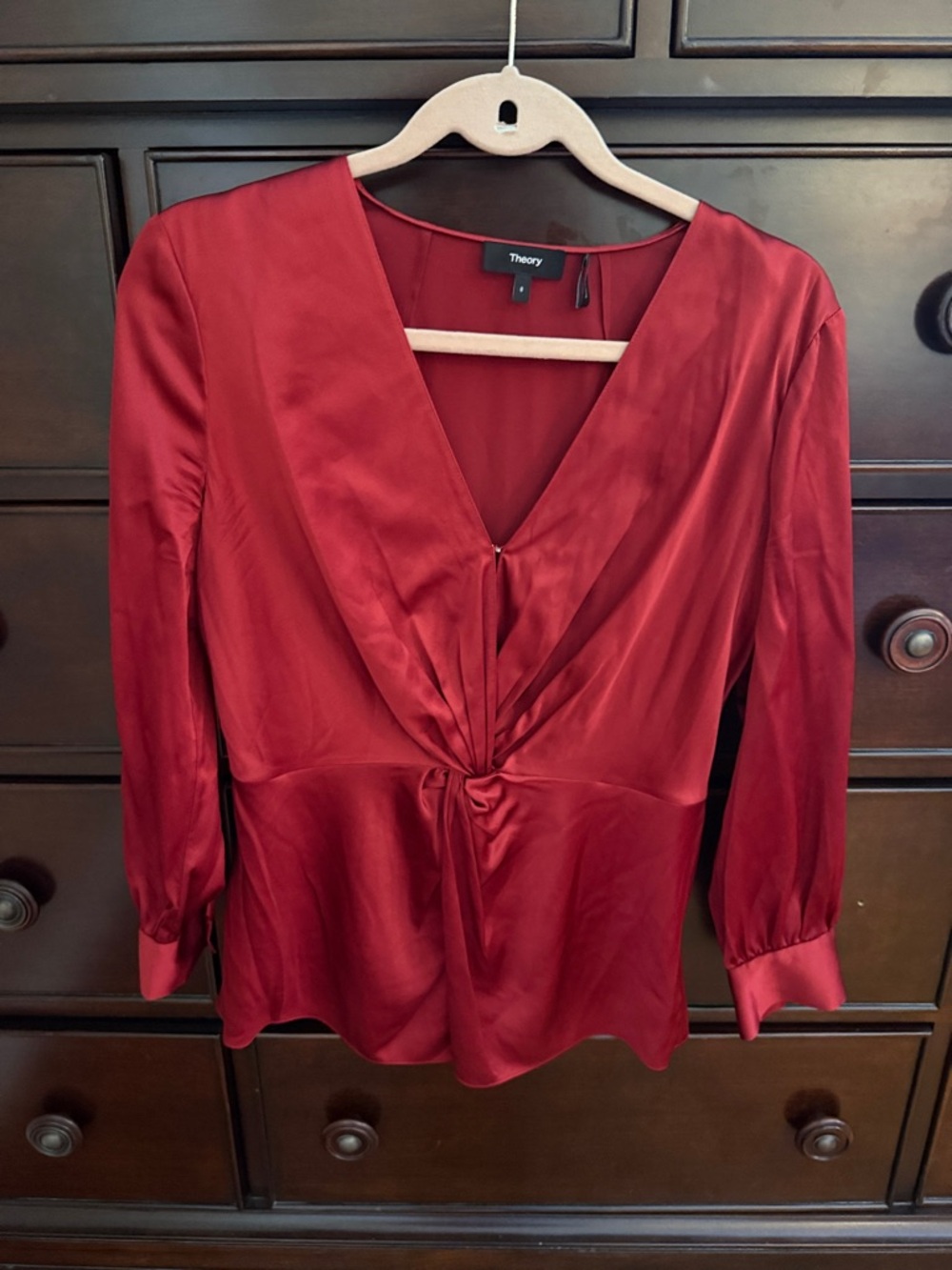 Theory Burgundy Satin Twist-Front V-Neck Blouse